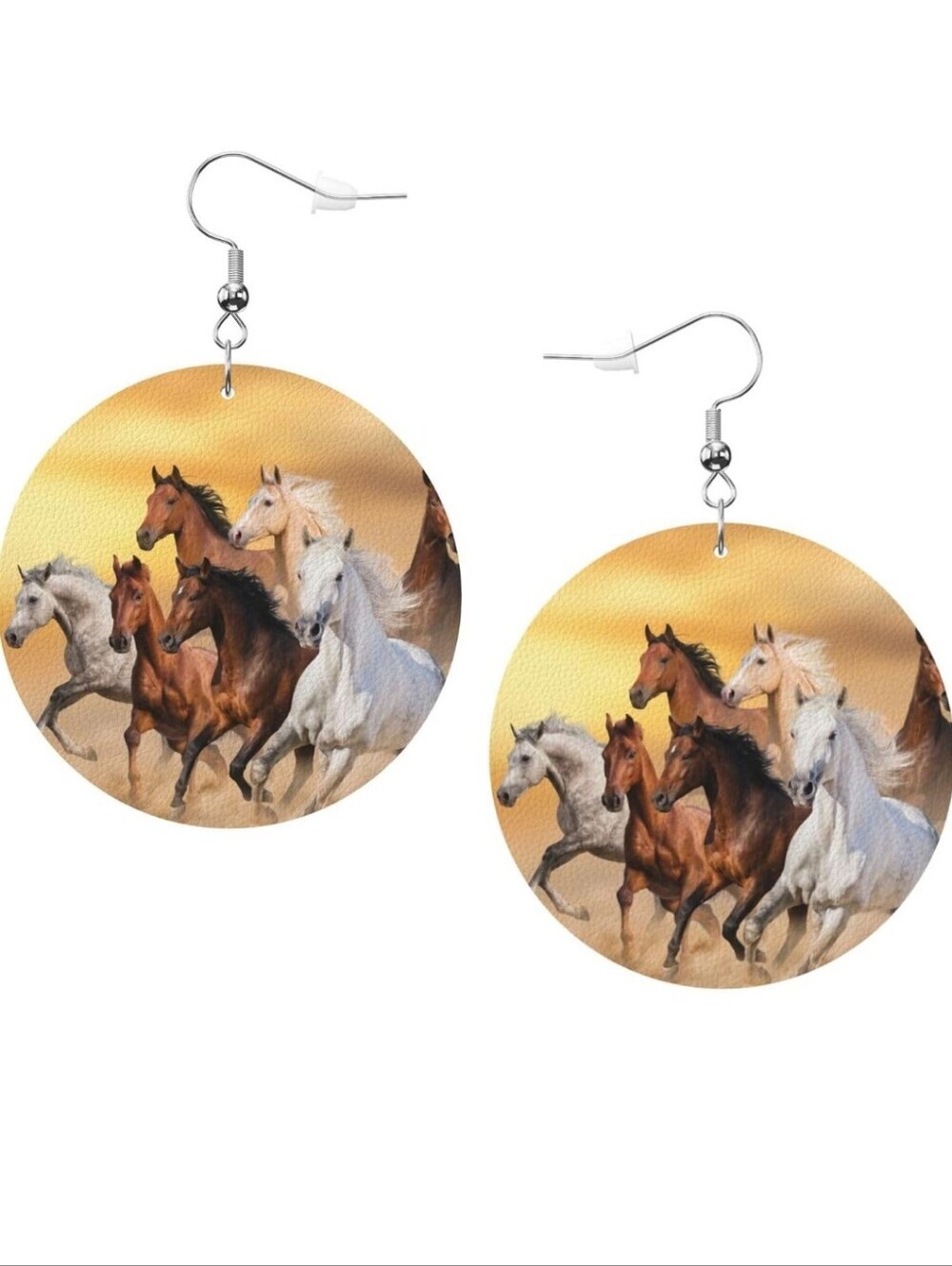 Running Horses Round Drop Earrings - Brown, White, Tan